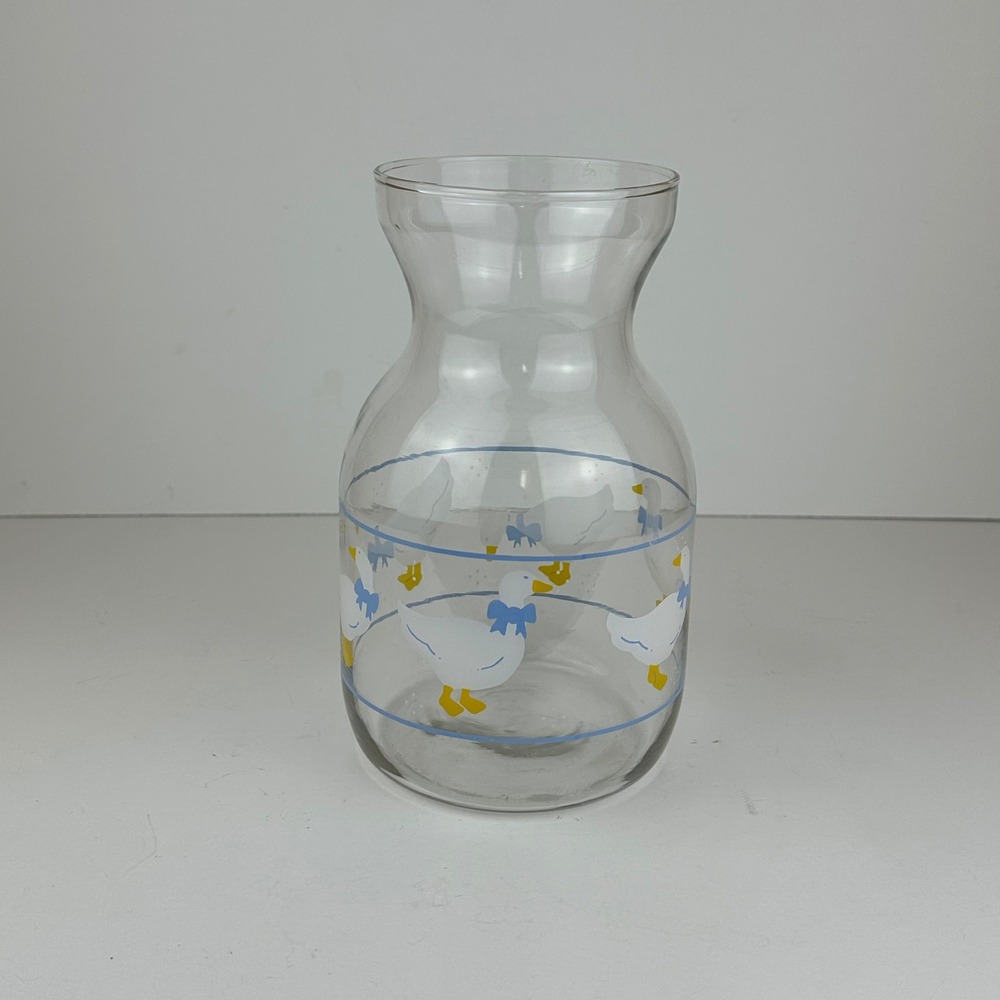 Vintage Clear Glass Goose Carafe Vase Blue Bow White Geese Cottagecore Farmhouse - Picture 2 of 8